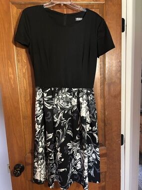 Black & White Floral Fit-and-Flare Midi Dress